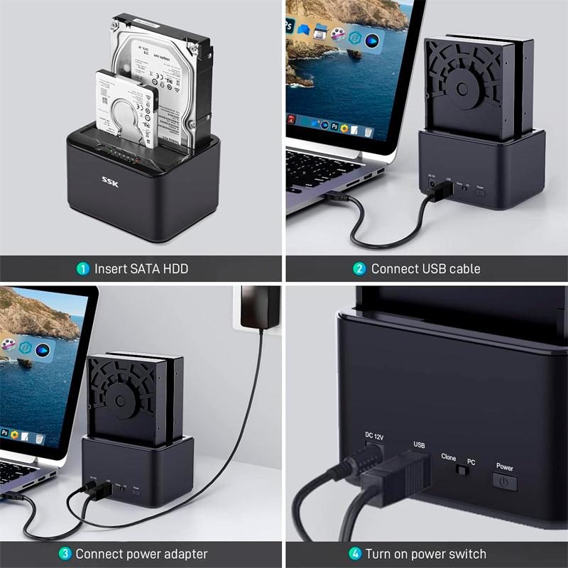 Vista 3 de Estación/Docking SSK Dual para HDD/SSD (3.5"/2.5") con funciónes de clonación/duplicacion