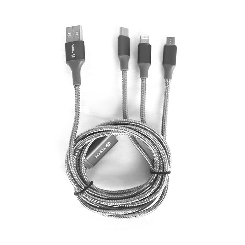Vista 2 de Cable de Carga 3 en 1 Teros TE-70210W USB Gris