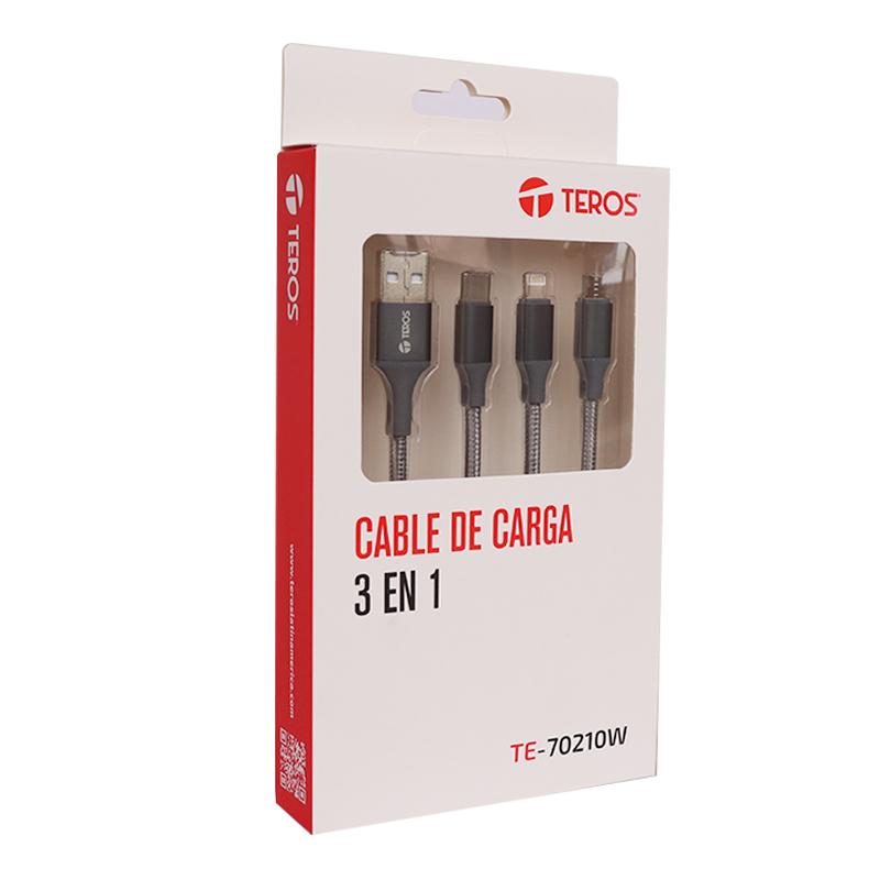 Vista 3 de Cable de Carga 3 en 1 Teros TE-70210W USB Gris