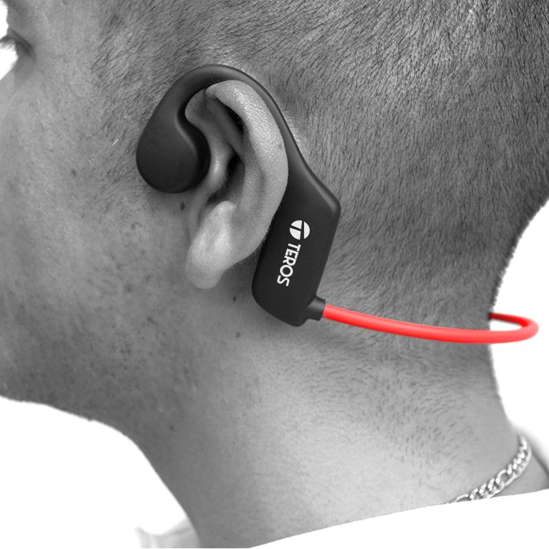 Vista 4 de Audífono de Conducción de Aire Teros TE-8078R Bluetooth, Rojo/Gris