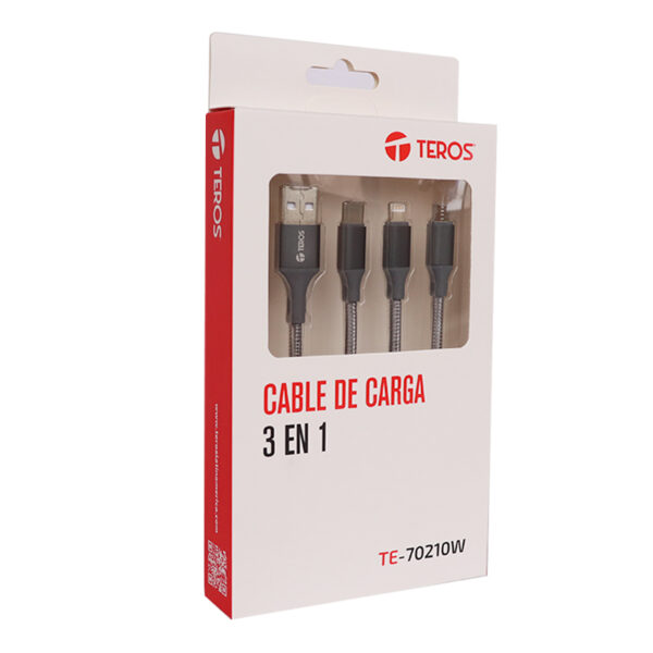 Cable de carga 3 en 1 TEROS TE-70210W, USB a Tipo C/Lightning/Micro USB, 17.5W Máx, gris - Imagen 2