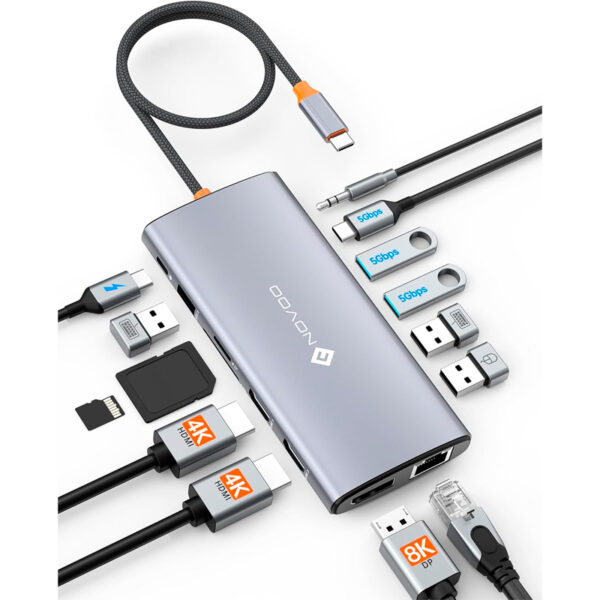 Estacion de puertos/Docking Station NOVOO 14-in-1, Interfaz USB-C, Plug-and-Play
