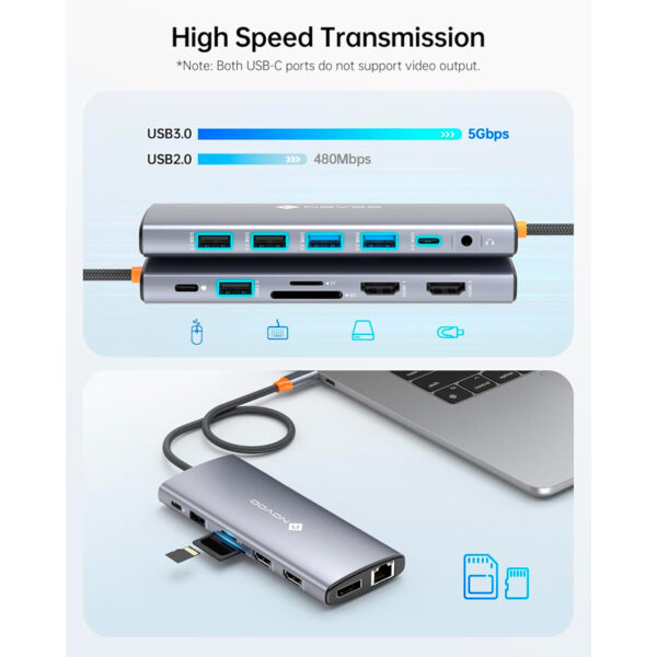 Estacion de puertos/Docking Station NOVOO 14-in-1, Interfaz USB-C, Plug-and-Play - Imagen 2