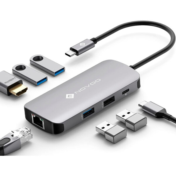 Estacion de puertos/Docking Station NOVOO 7-in-1, Interfaz USB-C, Plug-and-Play